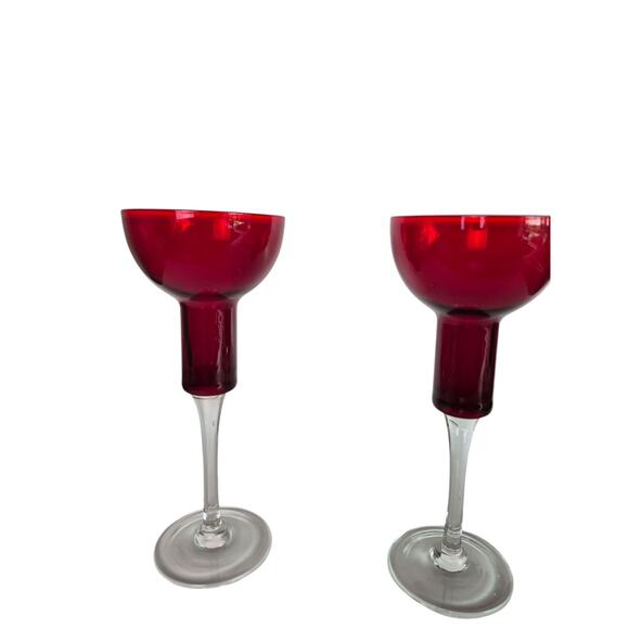 Vintage Red Cranberry Glass Candle Holders Tall Red Christmas Holiday Set of 2 - Picture 6 of 10